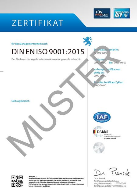 Ein Zertifikat von "TUEV Hessen", das besagt, dass "DIN EN ISO 9001:2015" durch "Das Managementsystem nach dem Nachweis der regelkonformen Anwendung zur erbracht:" wurde.