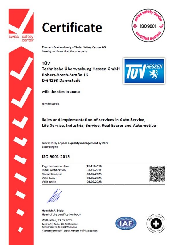Certificate by Swiss Safety Center AG