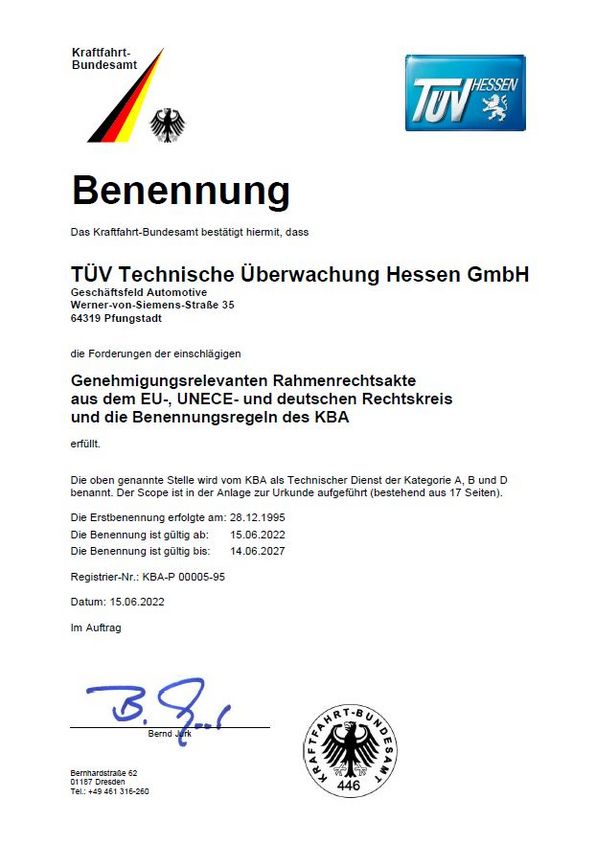 Urkunde der Bennennung durch das KBA