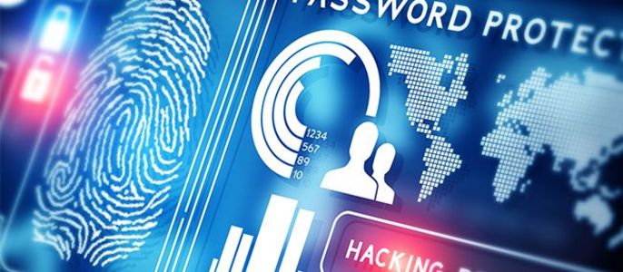 Eine digitale Schnittstelle mit einem Fingerabdruck, einer Weltkarte und verschiedenen Datenpunkten, die die Sicherheit und den Schutz betont.
