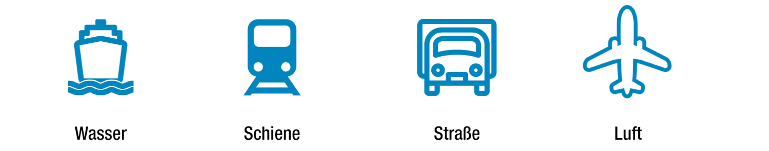 Vier blaue Symbole, die verschiedene Transportmittel darstellen: ein Schiff, einen Zug, einen LKW und ein Flugzeug.