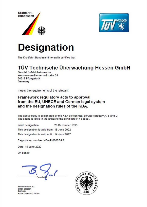 Eine Urkunde des Kraftfahrt-Bundesamtes, die bescheinigt, dass die TÜV Technische Überwachung Hessen GmbH zur Anerkennung des EU-, UNECE- und deutschen Rechtssystems und der Bezeichnung des KBA zugelassen ist.