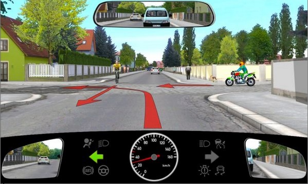 Eine Straßenansicht aus der Perspektive des Armaturenbretts eines Fahrzeugs, die eine Straße mit Pfeilen, einen Tachometer und einen Rückspiegel zeigt.