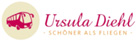 Ein Logo mit dem Text 'Ursula Diehl' und der Grafik eines Busses. Unter dem Logo befindet sich ein Slogan mit der Aufschrift "Schoner als Fliegen".