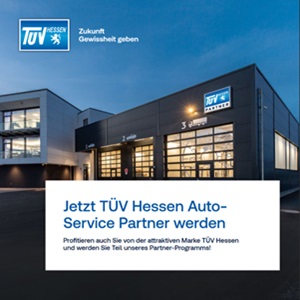 Ein modernes Gebäude mit dem TÜV-Logo, begleitet von einem Text in deutscher Sprache, der über die Rolle des TÜV Hessen als Auto-Service-Partner und die Verbindung zum TÜV Hessentest informiert.
