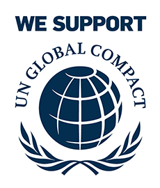 Ein Logo mit dem Text "UN GLOBAL COMPACT" und dem Schriftzug "WE SUPPORT" darüber.